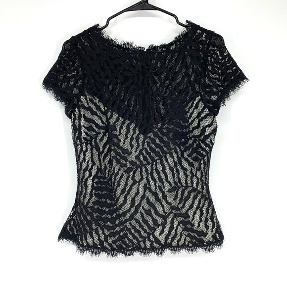 Tadashi Shoji Collection Top Black Lace Short Sleeve Lined Blouse - Picture 1 of 12